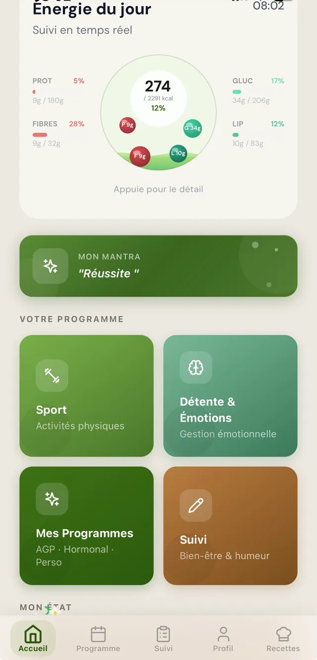 Écran d'accueil de l'application AGP gratuite : suivi de l'énergie du jour, macros (protéines, glucides, lipides, fibres), programme et bien-être