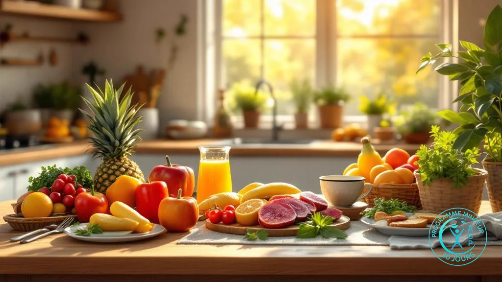 Repas équilibré sur une table en bois, lumière naturelle du matin - chronobiologie perte de poids méthode AGP