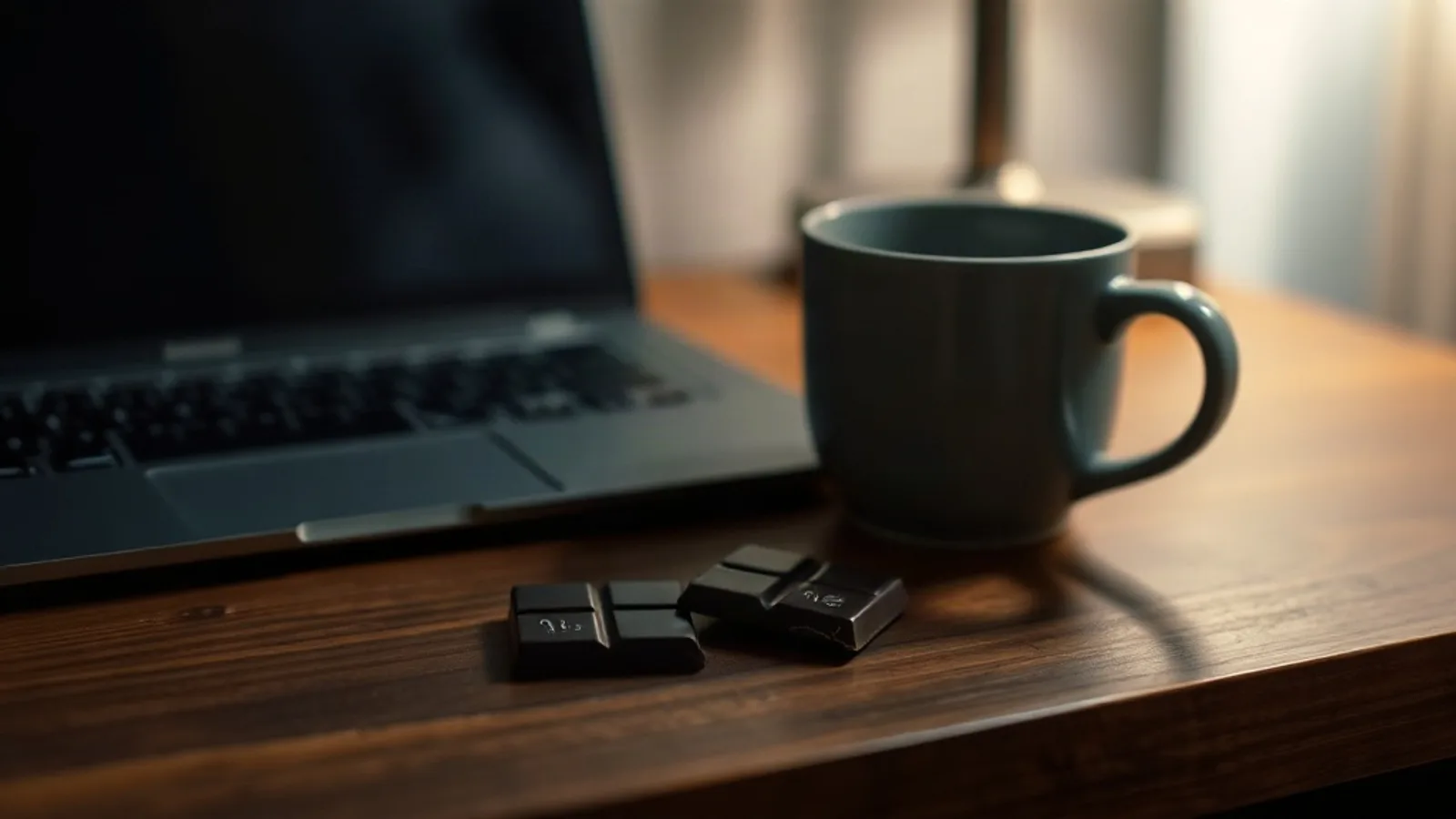 Carré de chocolat posé sur un bureau en fin de journée à côté d'une tasse vide - envie de sucre et stress