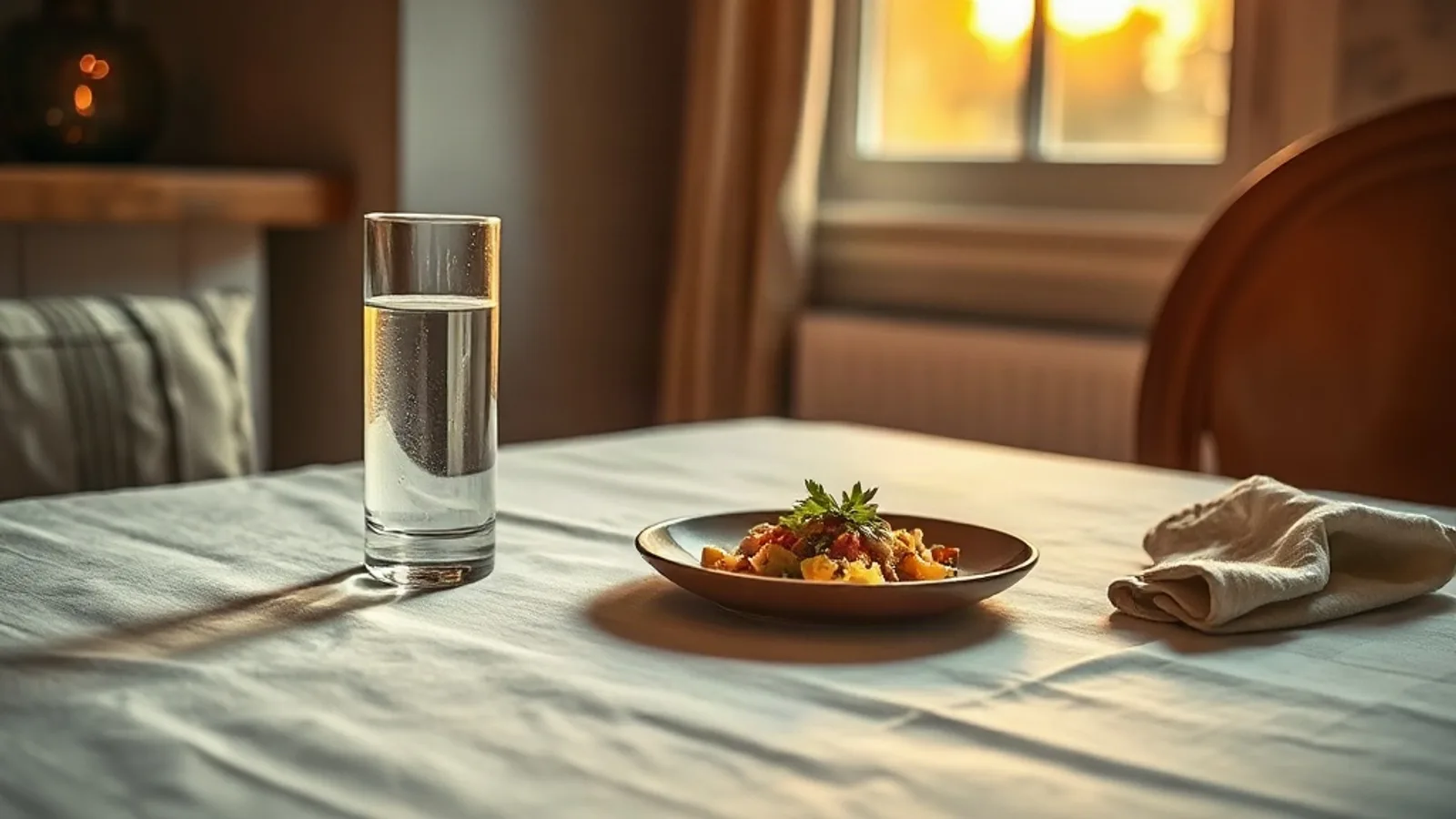 Table dressée pour un dîner léger dans la lumière chaude de fin de journée - heure du dîner et perte de poids