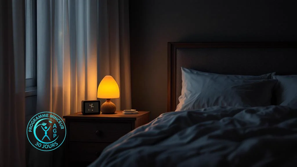 Chambre cosy la nuit avec lampe de chevet - sommeil et prise de poids métabolisme AGP